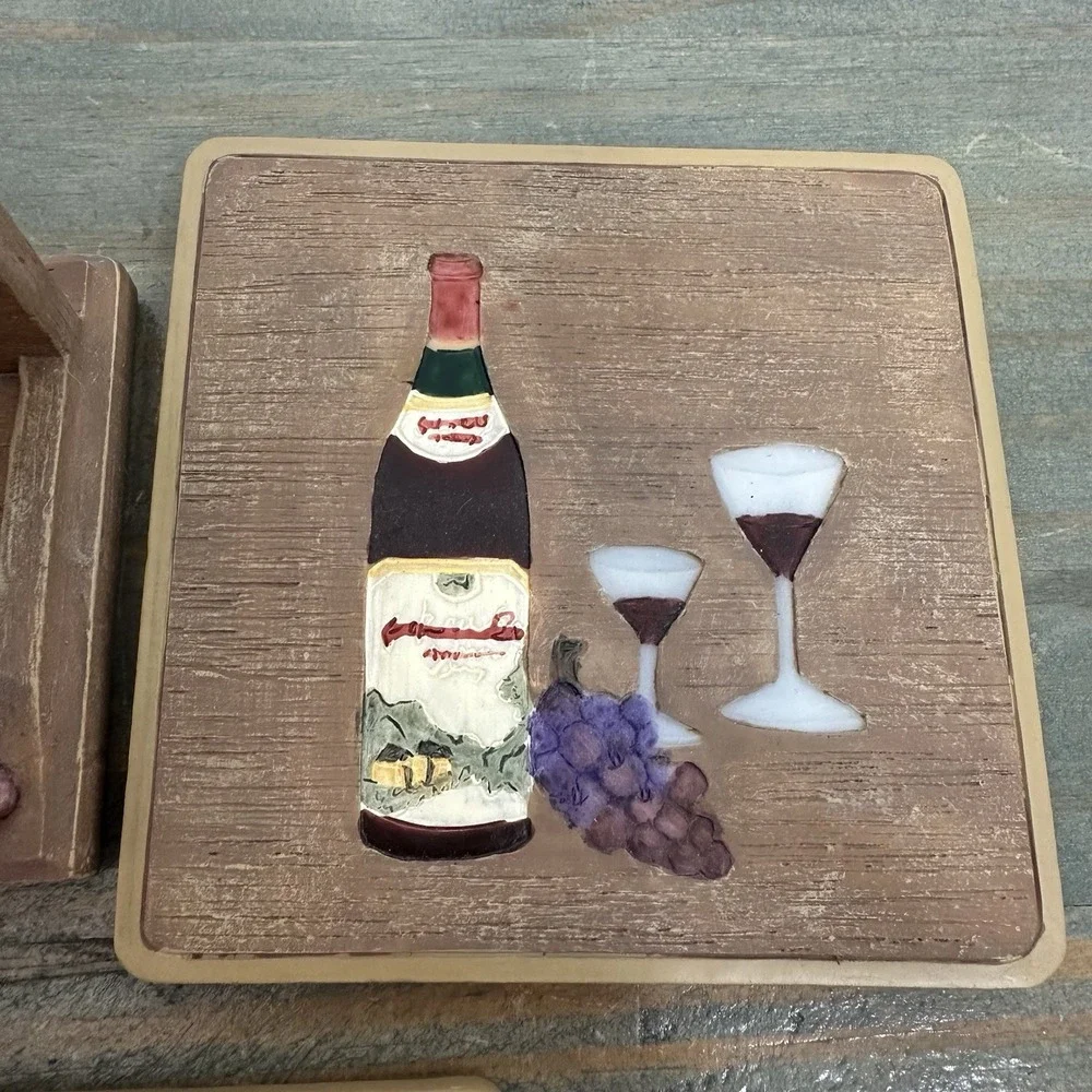 3D Wine Theme Set Of 4 Coasters Resin Holder Grape Vineyard Cork Backing